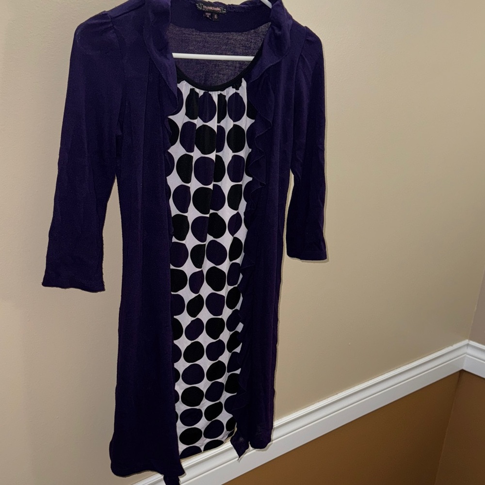 My Michelle Purple Ruffled Cardigan with Black and White Polka Dot Dress